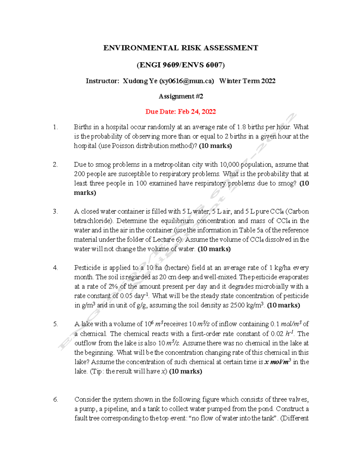 EN9609/ENVS6007 Winter 2022 Environmental Risk Assessment Assignment 2 ...
