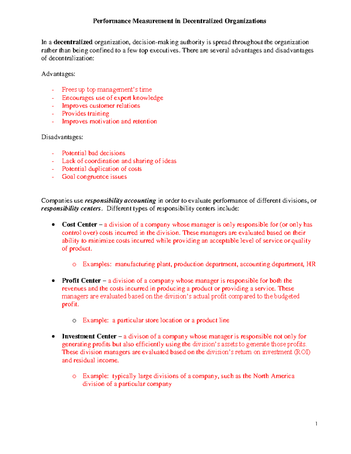 Performance Measurement in Decentralized Organizations - Studocu