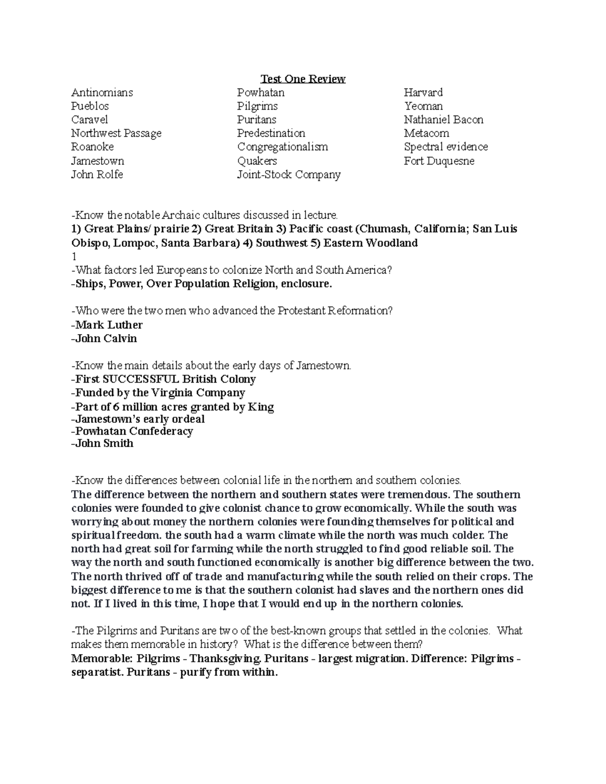 History 1301 Test 1 Review: Key Topics and Answers - Studocu
