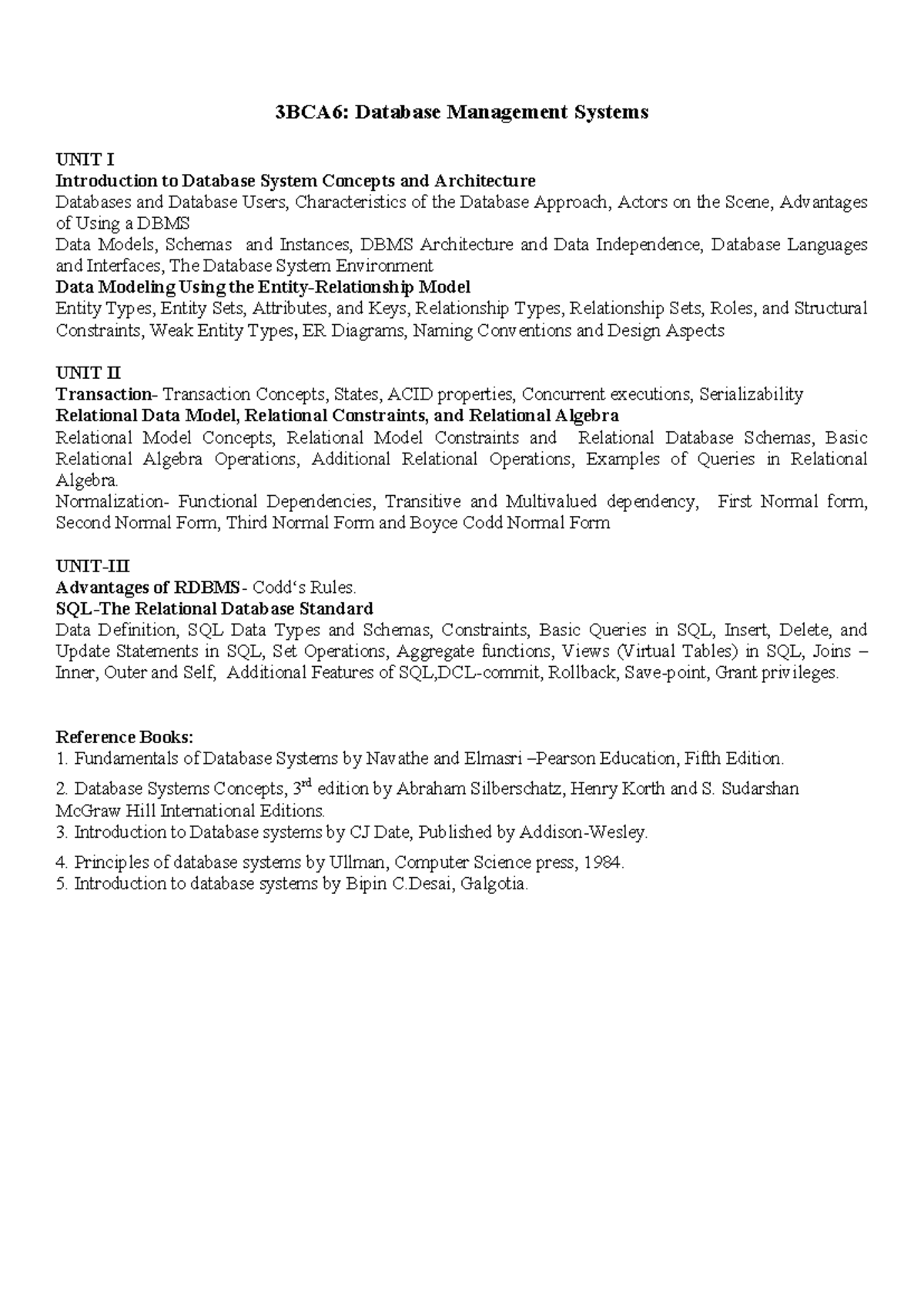 3BCA6: Database Management Systems - Unit I & II Overview - Studocu