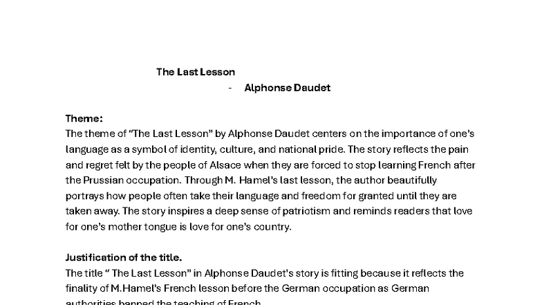 The Last Lesson (Preparation) - Analyzing Themes & Characters - Studocu