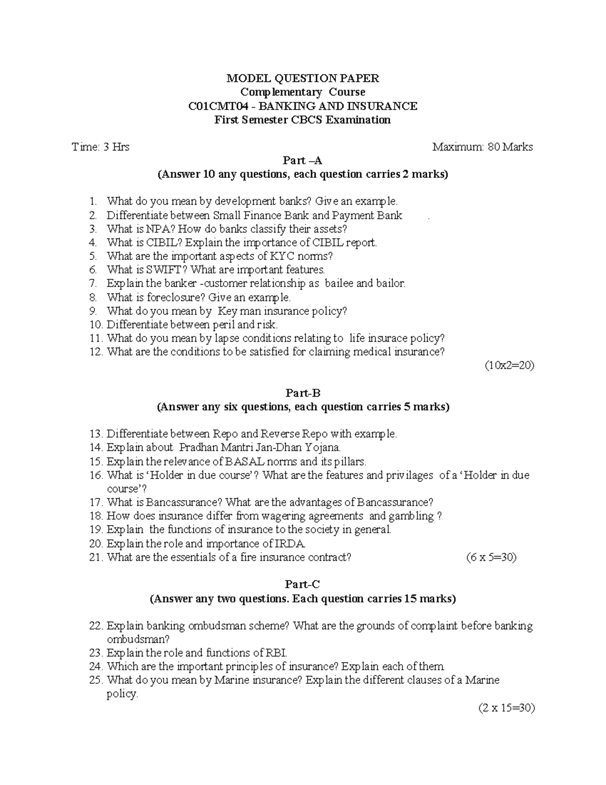 C01CMT04- Banking-AND- Insurance - MODEL QUESTION PAPER Complementary ...