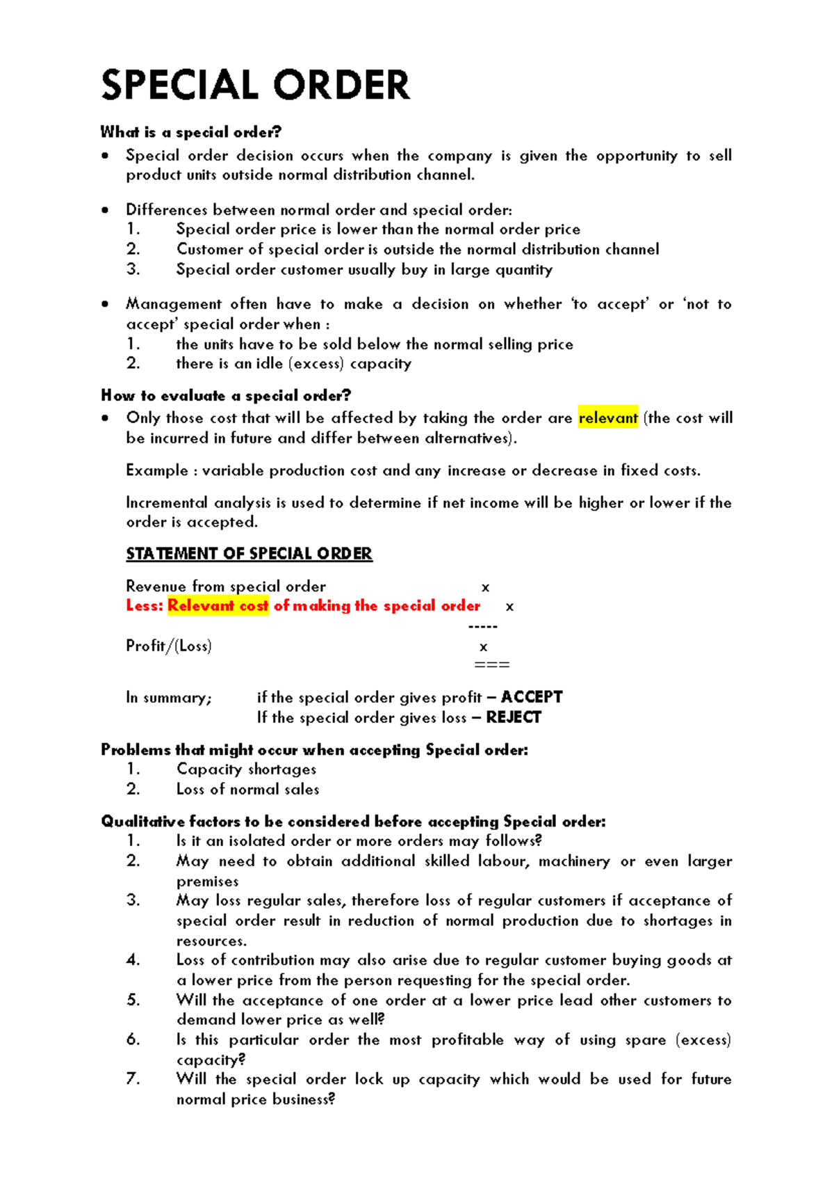 5. Special Order Practice Material for Management Decisions - Studocu