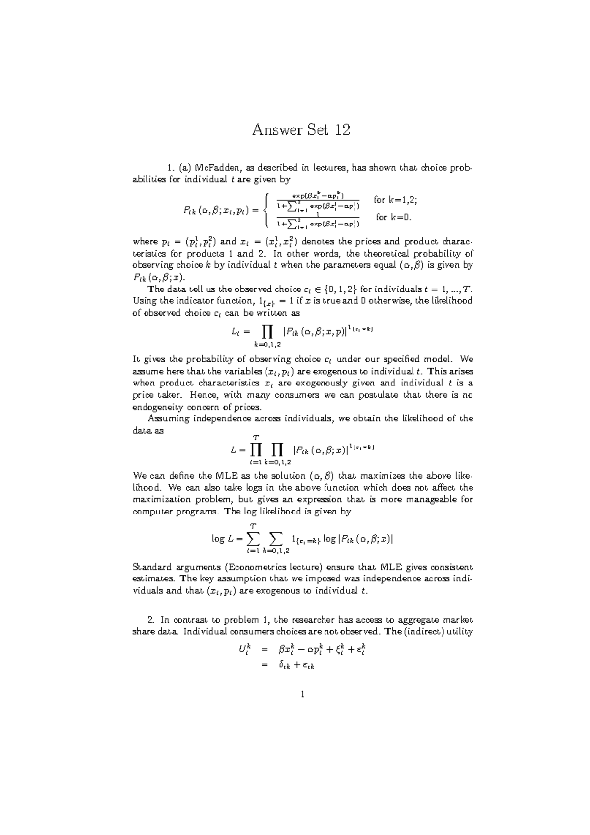 Answers to Problem Set 12 - Econometrics Lecture Notes - Studocu