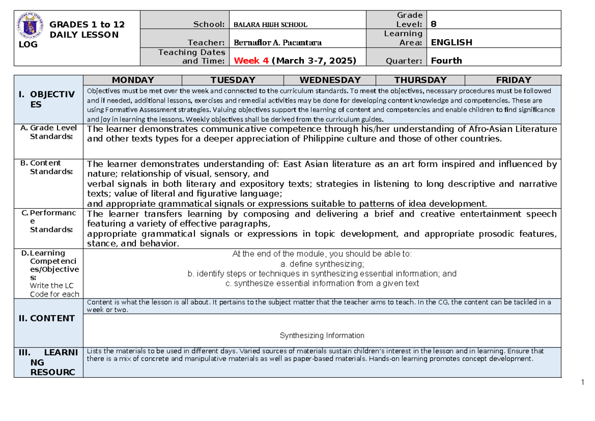 DLL Module 3: Daily Lesson Log for Grade 8 (March 3-7) - Studocu