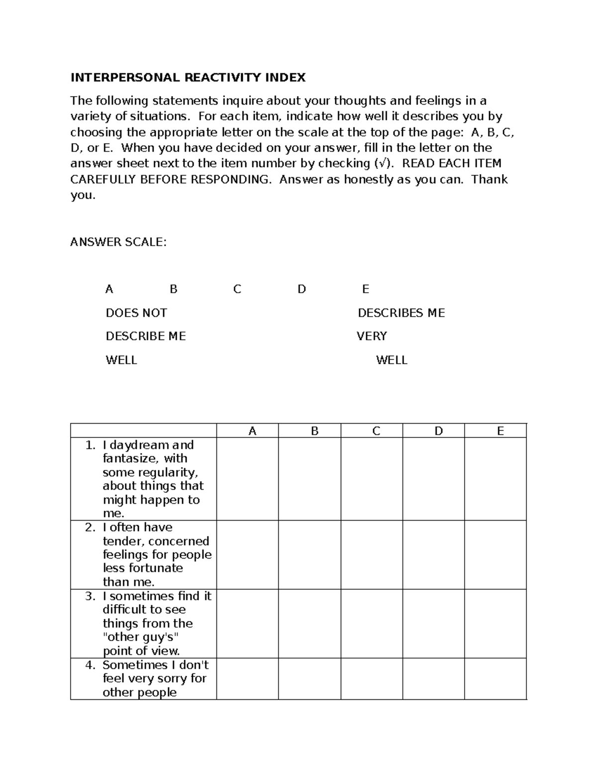 IRI-100 Questionnaire - Lecture Notes on Empathic Responding - Studocu