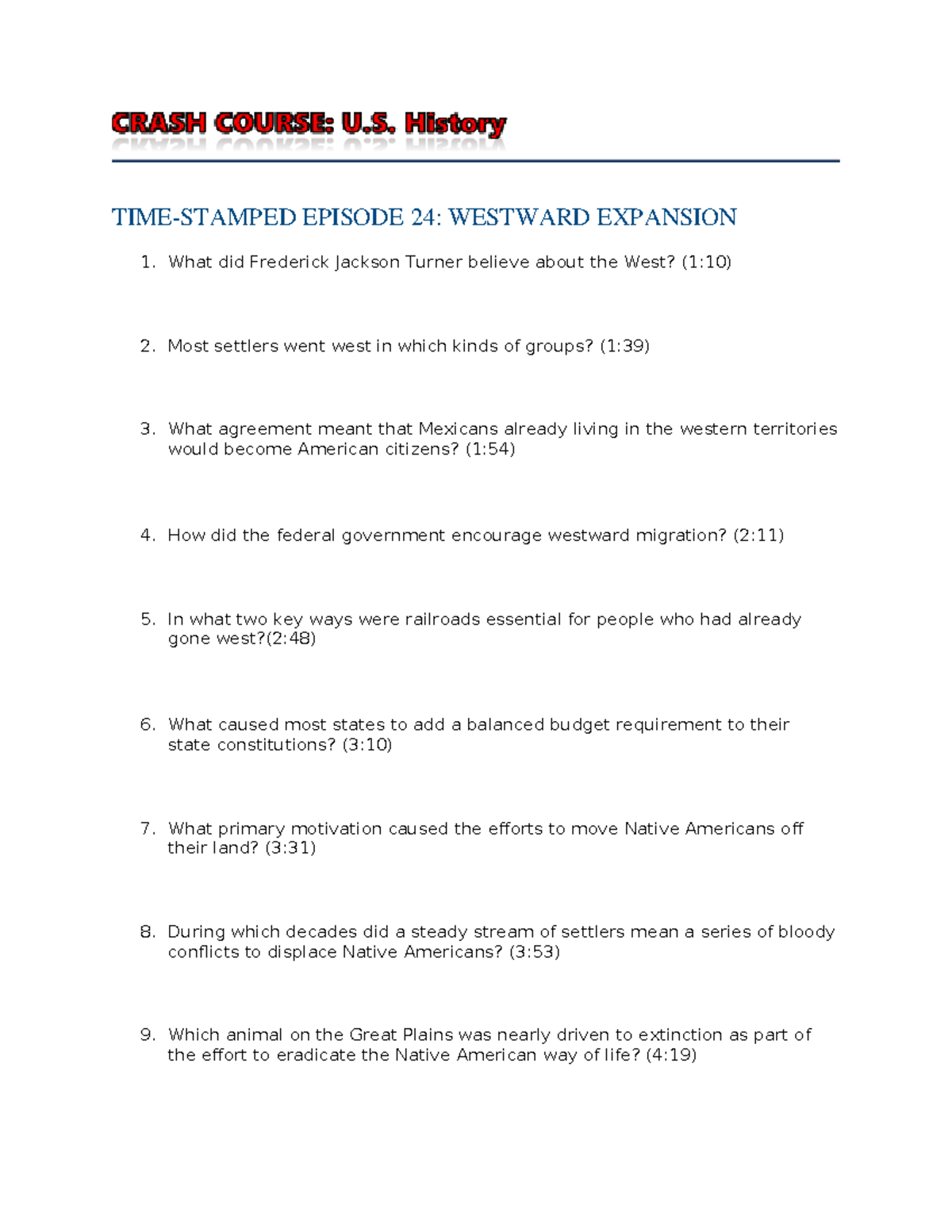 Quiz: Key Concepts of Westward Expansion in U.S. History - Studocu