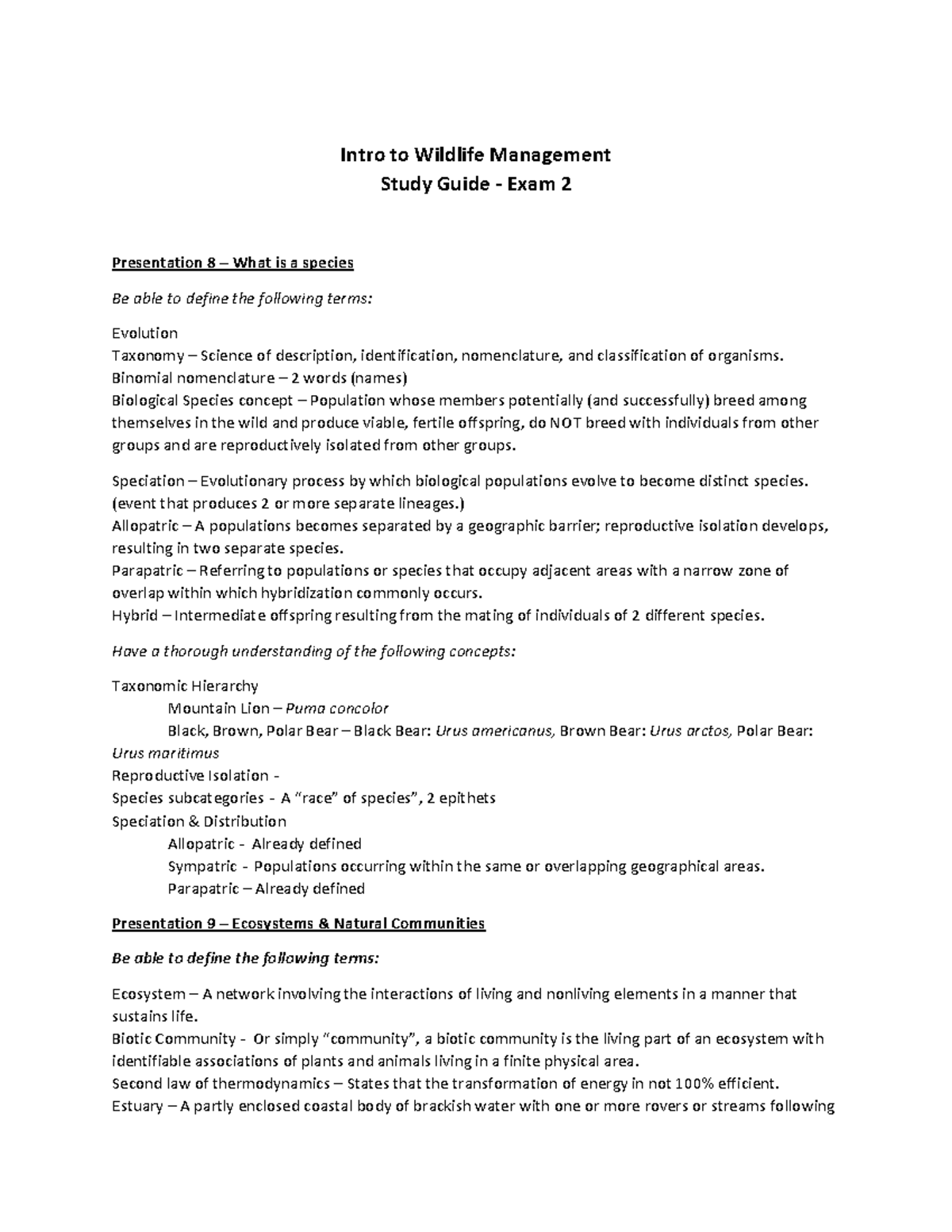 Study Guide for Exam 2: Intro to Wildlife Management - Studocu