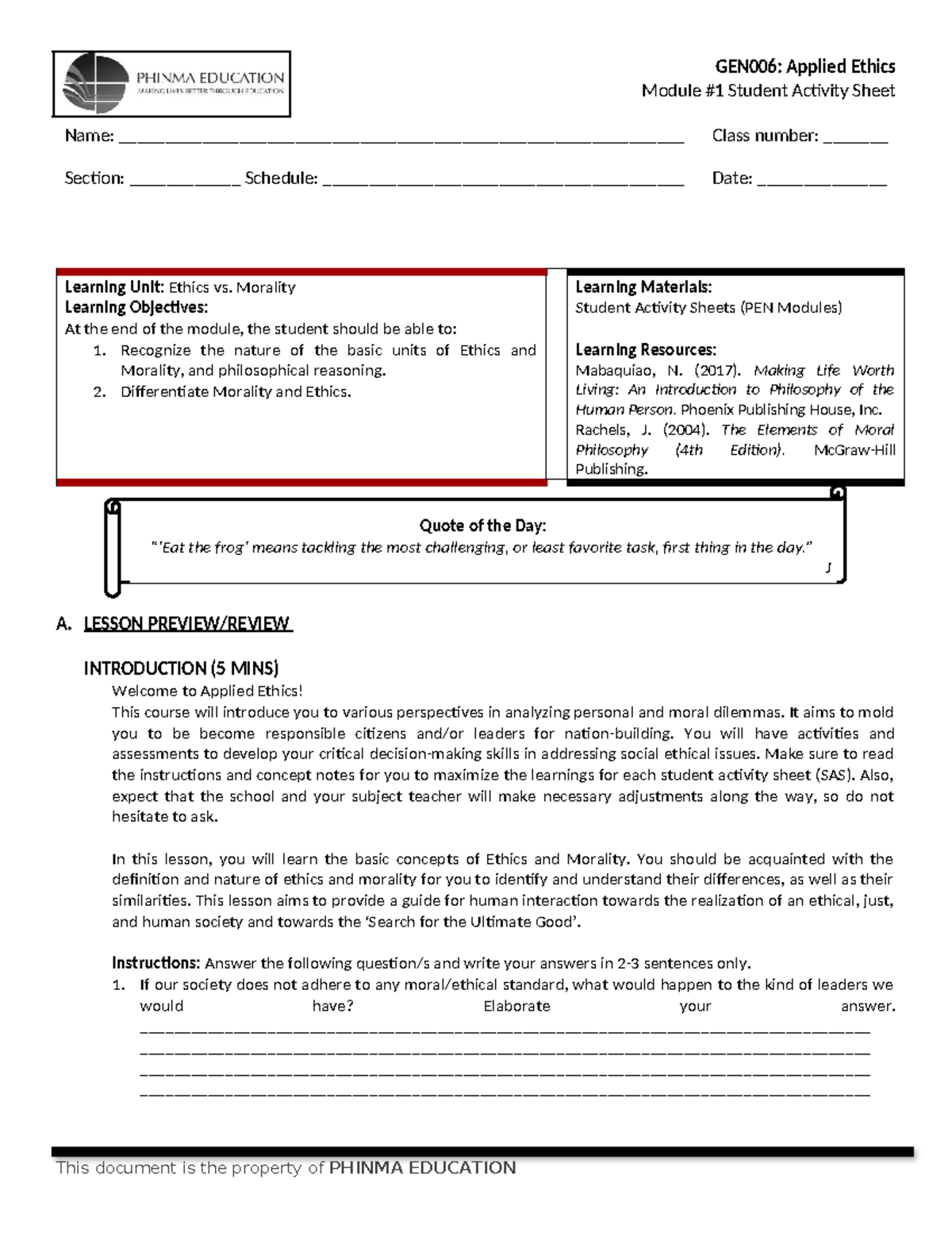GEN006: Applied Ethics Module - Ethics vs. Morality Activity Sheet ...
