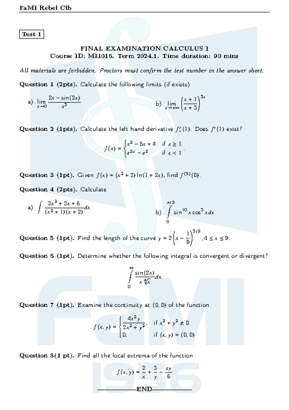 MI1016 Calculus I Final Exam Test 1 - 2024.1 - Studocu