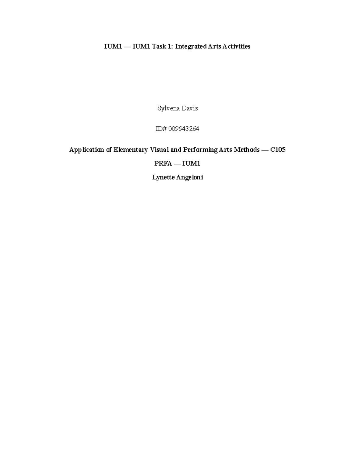 C105 Task 1: Integrated Arts Activities for Grade 3 - Studocu