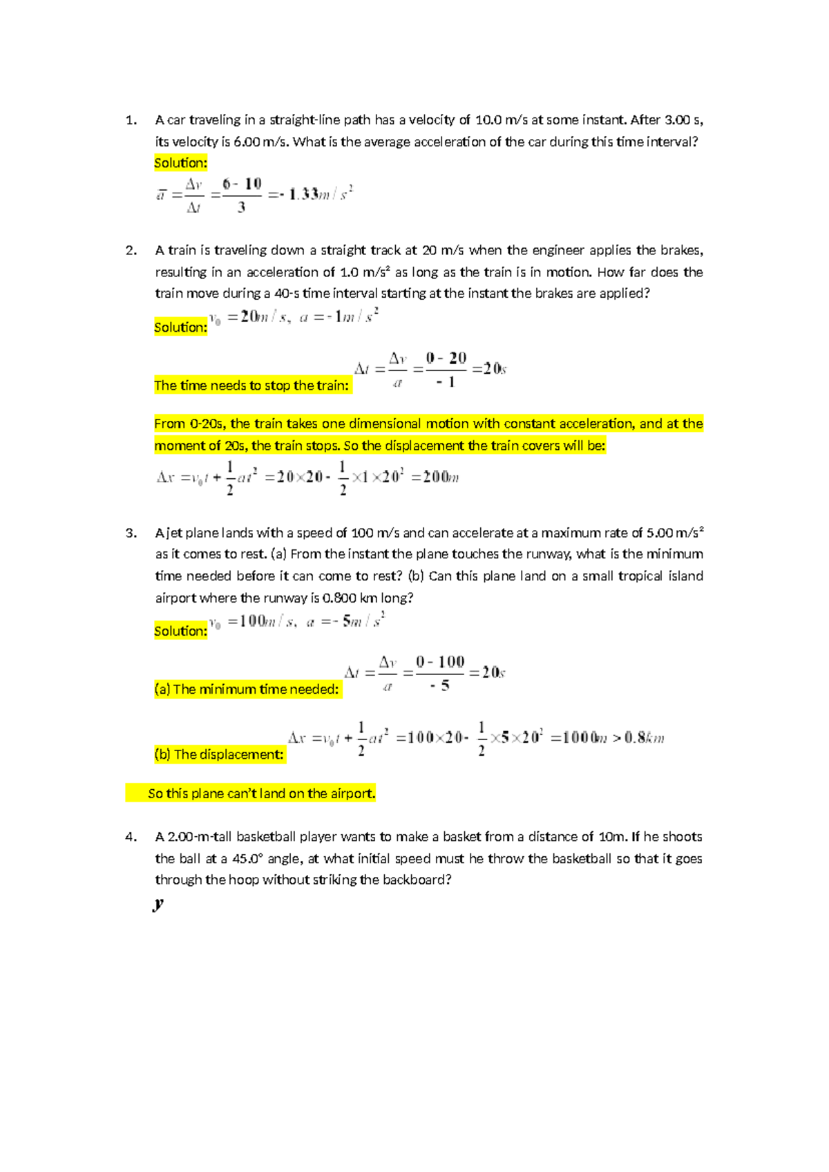 Physics 101 - Solutions to Motion and Acceleration Problems - Studocu