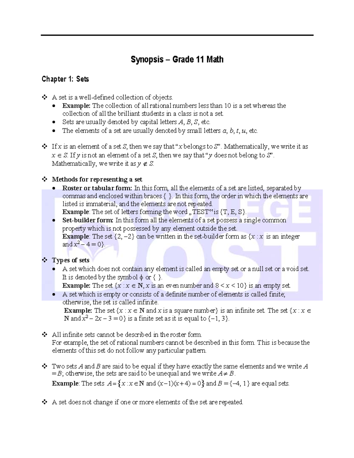 Grade 11 Math Synopsis: Chapter 1 - Sets and Relations - Studocu