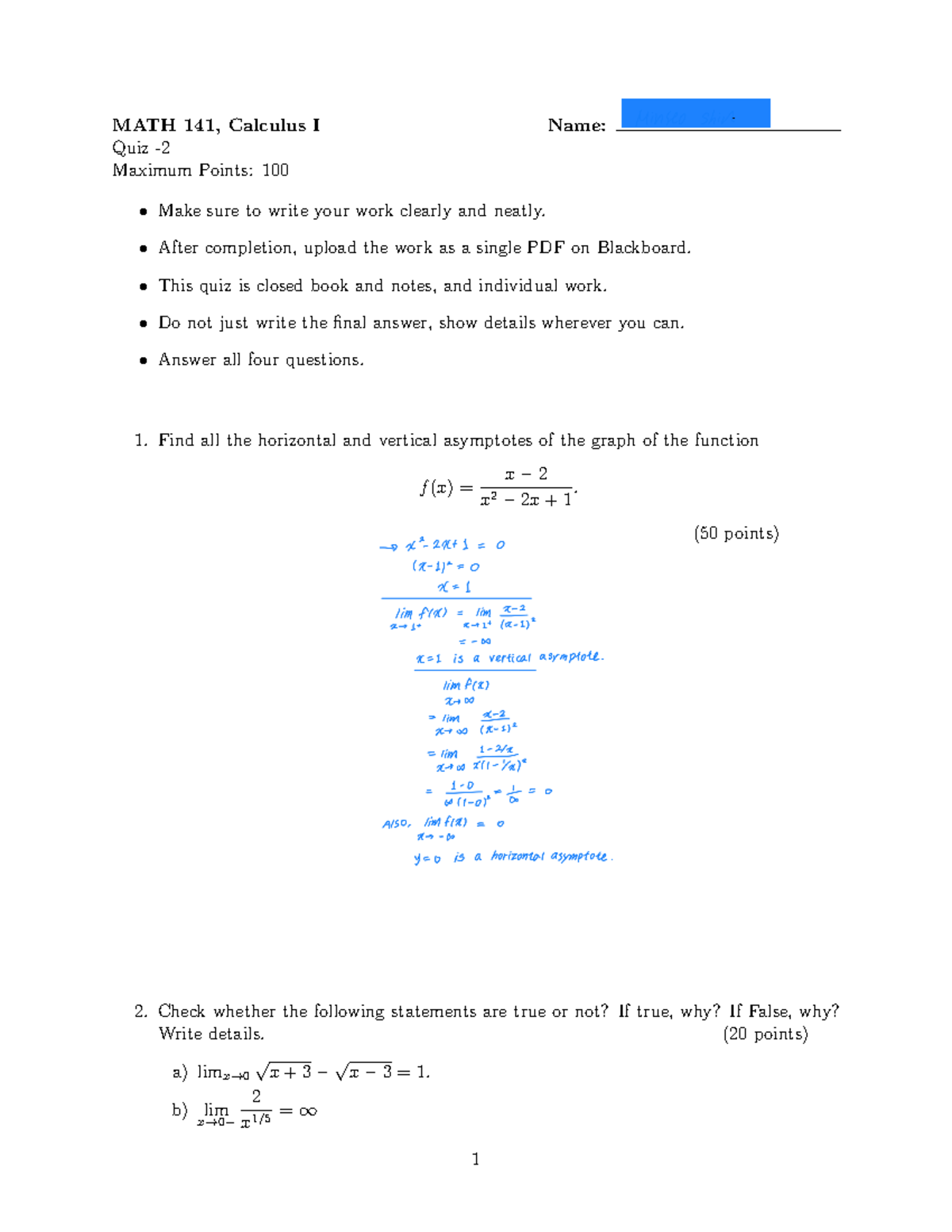 Quiz 2 for MATH 141 Summer 2022 - MATH 141, Calculus I Name: Quiz ...