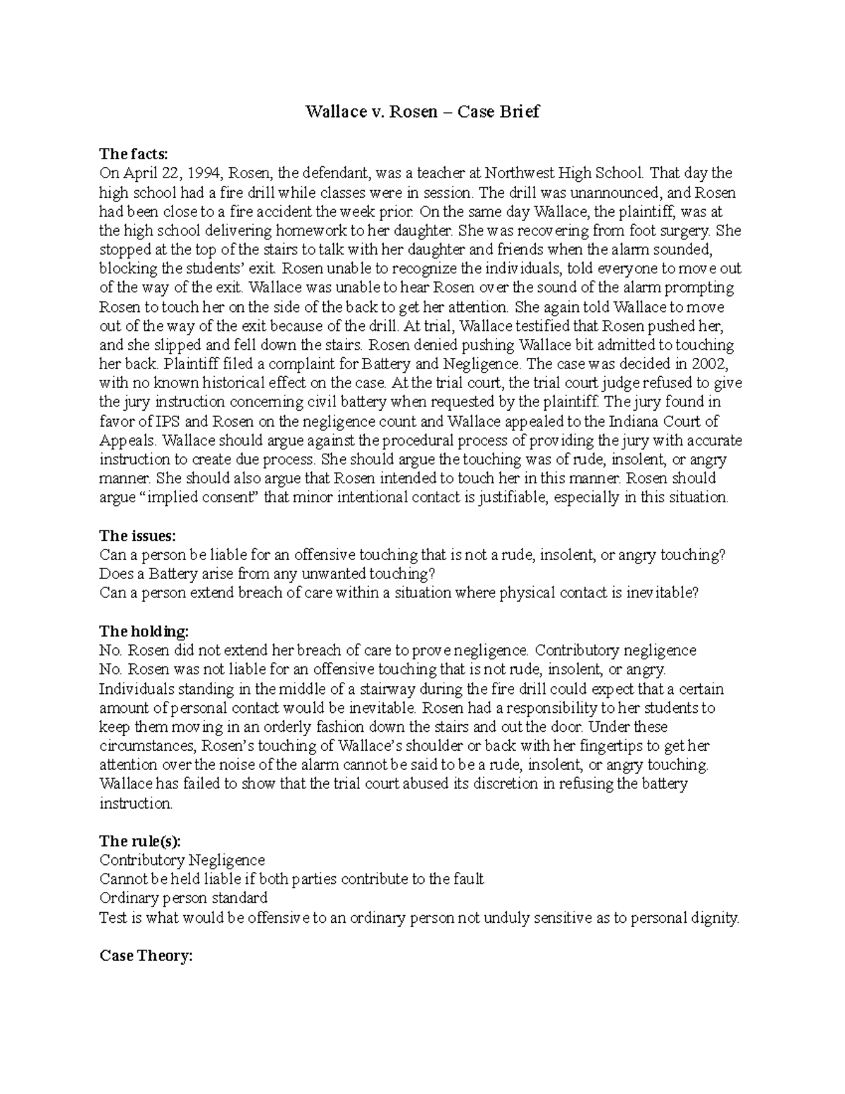 Wallace v. Rosen Case Brief: Battery & Negligence Analysis - Studocu