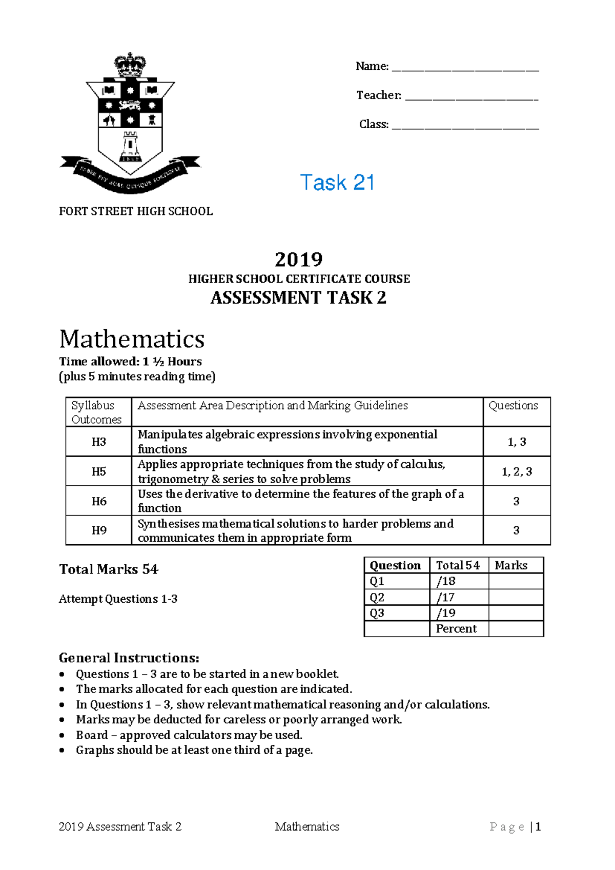 Fort St 2019 2U Mathematics Assessment Task 2 Solutions - Studocu