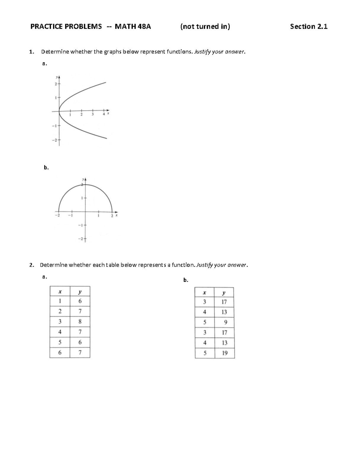 Practice Problems: Functions Worksheet for MATH 48A - Studocu
