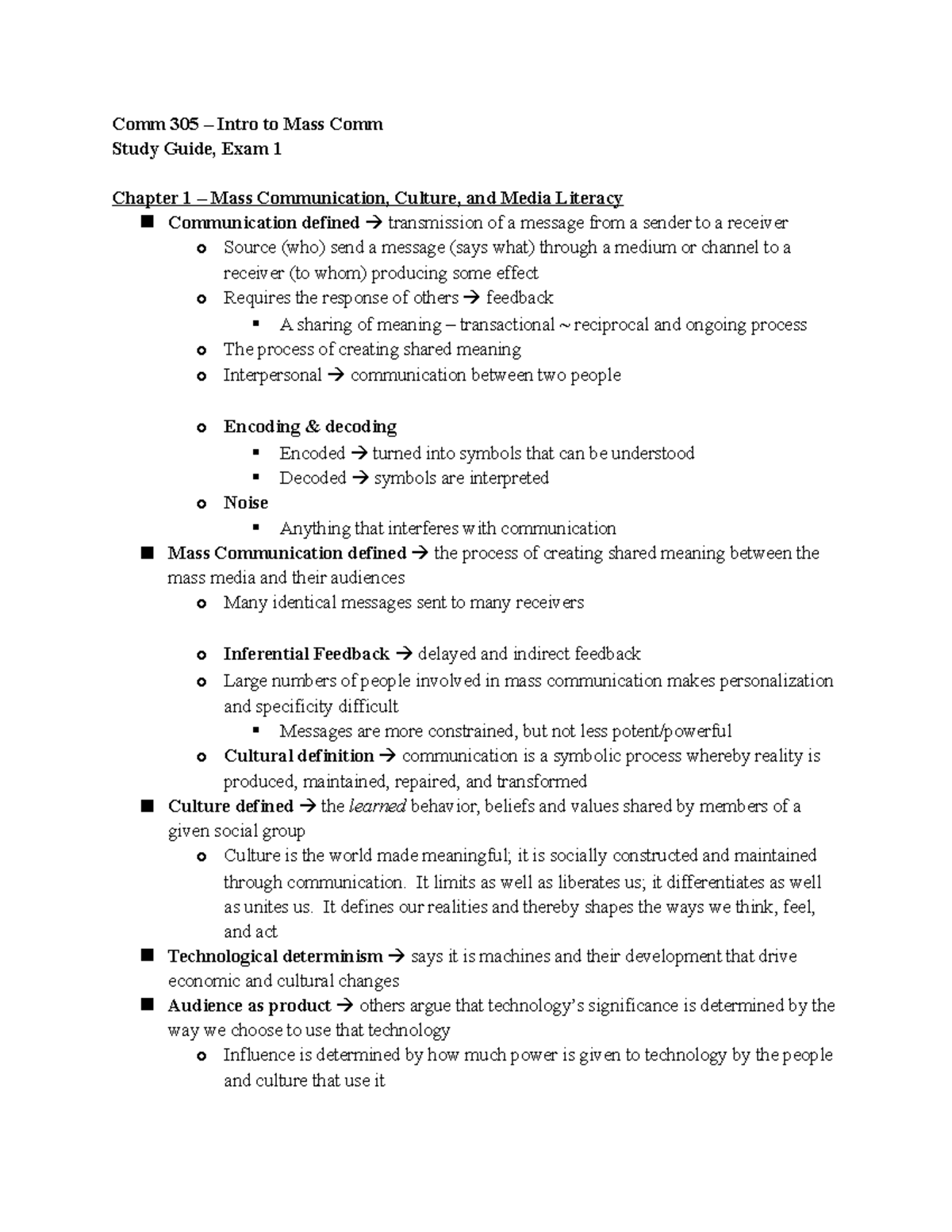 Comm 305 – Study Guide for Exam 1: Mass Comm Concepts & Media Literacy ...