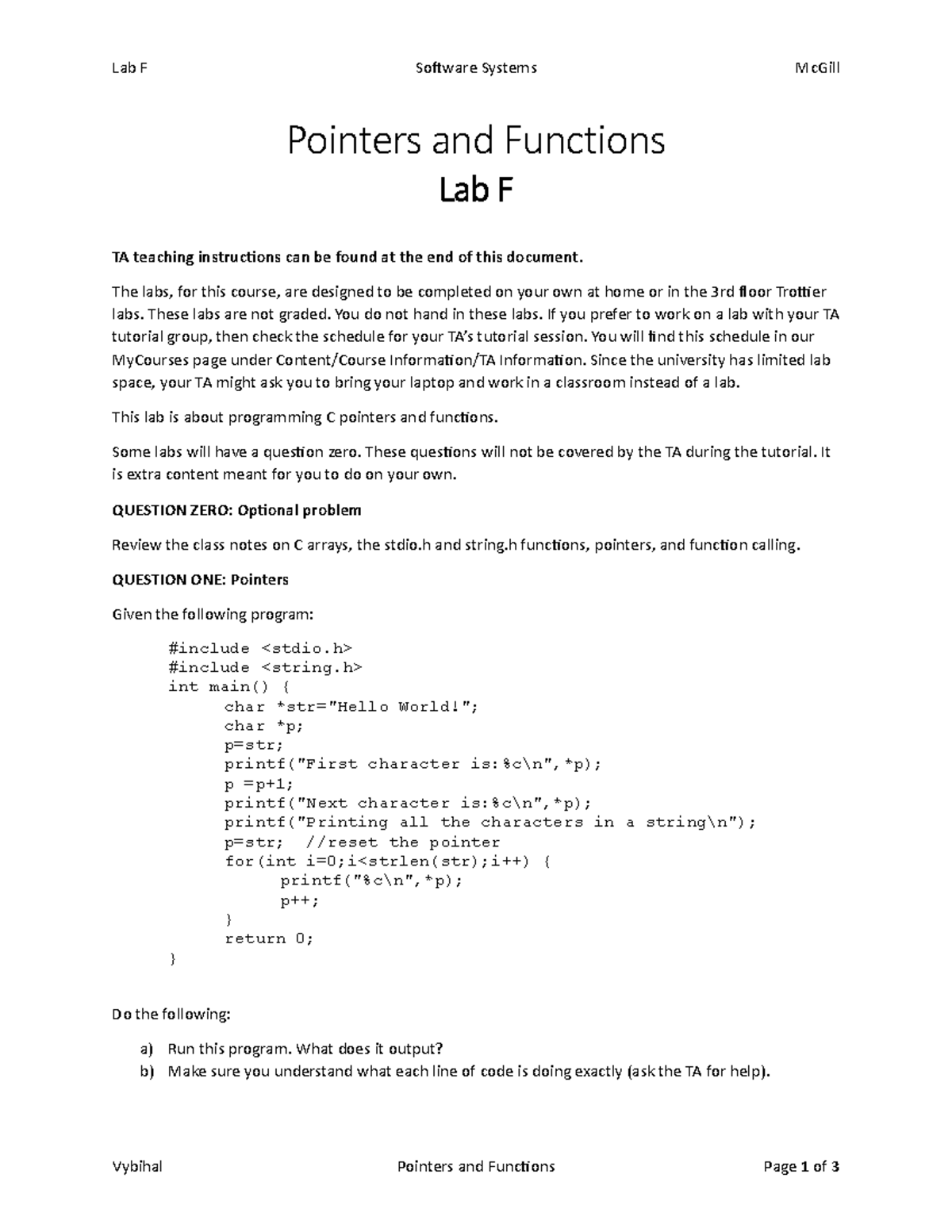 COMP 206 Lab F - Pointers and Functions - Lab F Software Systems McGill ...