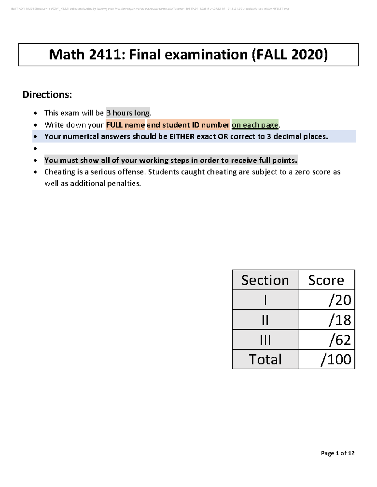 Math 2411: Final Exam Review for Fall 2020 - Key Concepts and Questions ...