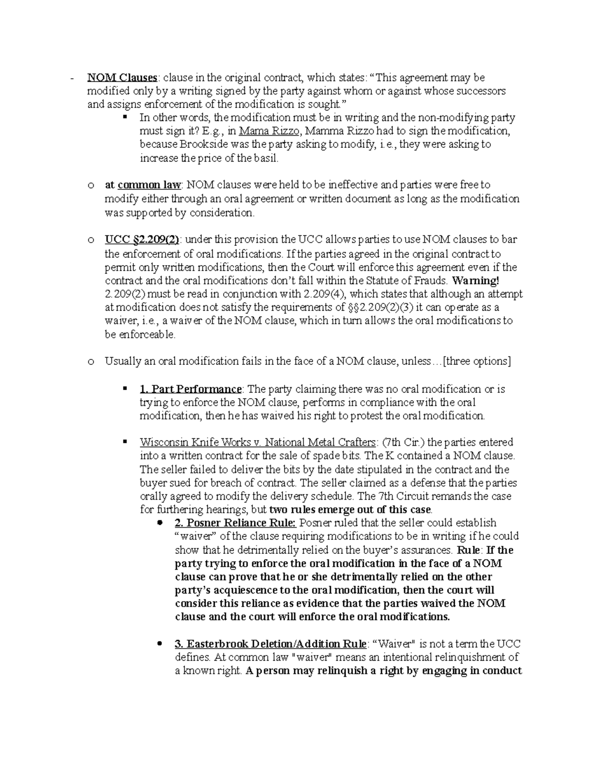 Contracts Law Outline - Key Concepts and NOM Clauses Summary - Studocu