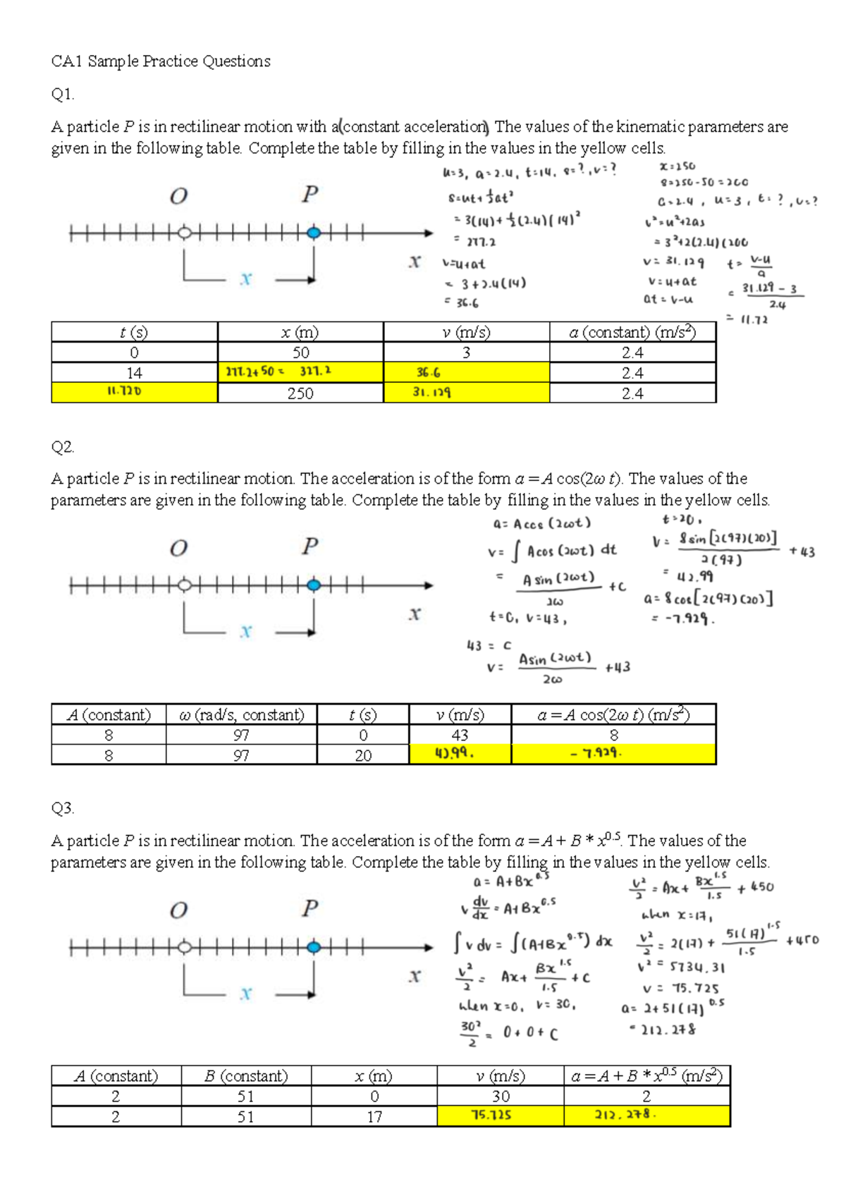 CA1 Sample Practice Questions: Kinematics & Motion Analysis - Studocu