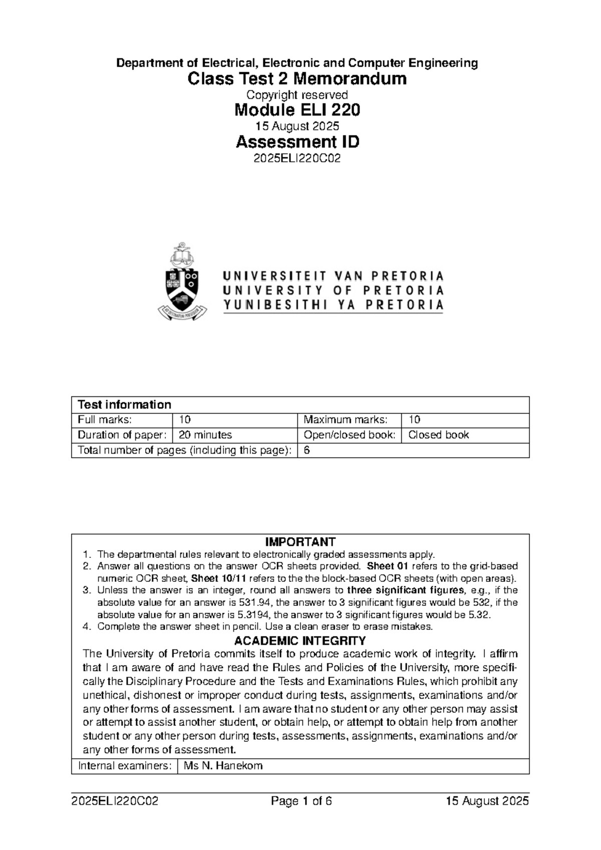 2025 ELI220 C02 - Class Test 2 Memorandum and Solutions - Studocu