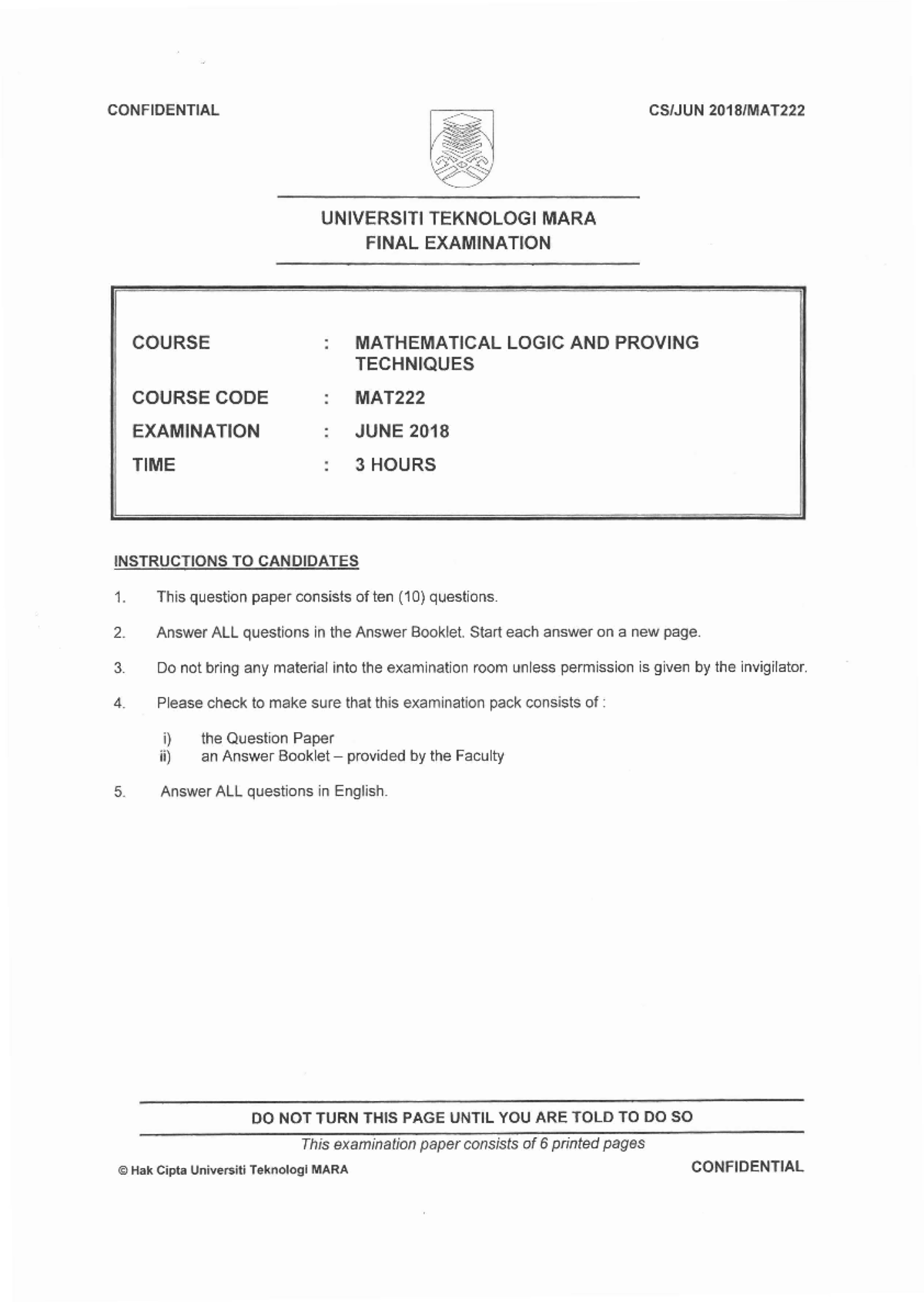 MAT222 Final Exam June 2018 - Mathematical Logic and Proving Techniques ...
