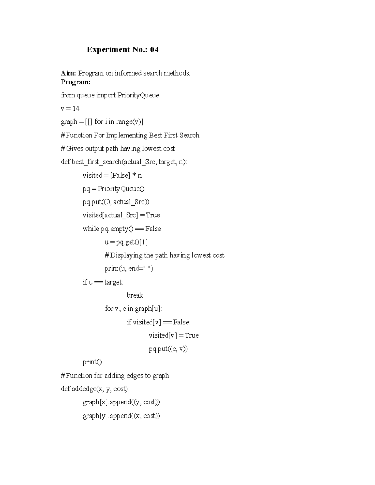 AI Exp 4: Informed Search Methods Program Implementation - Studocu