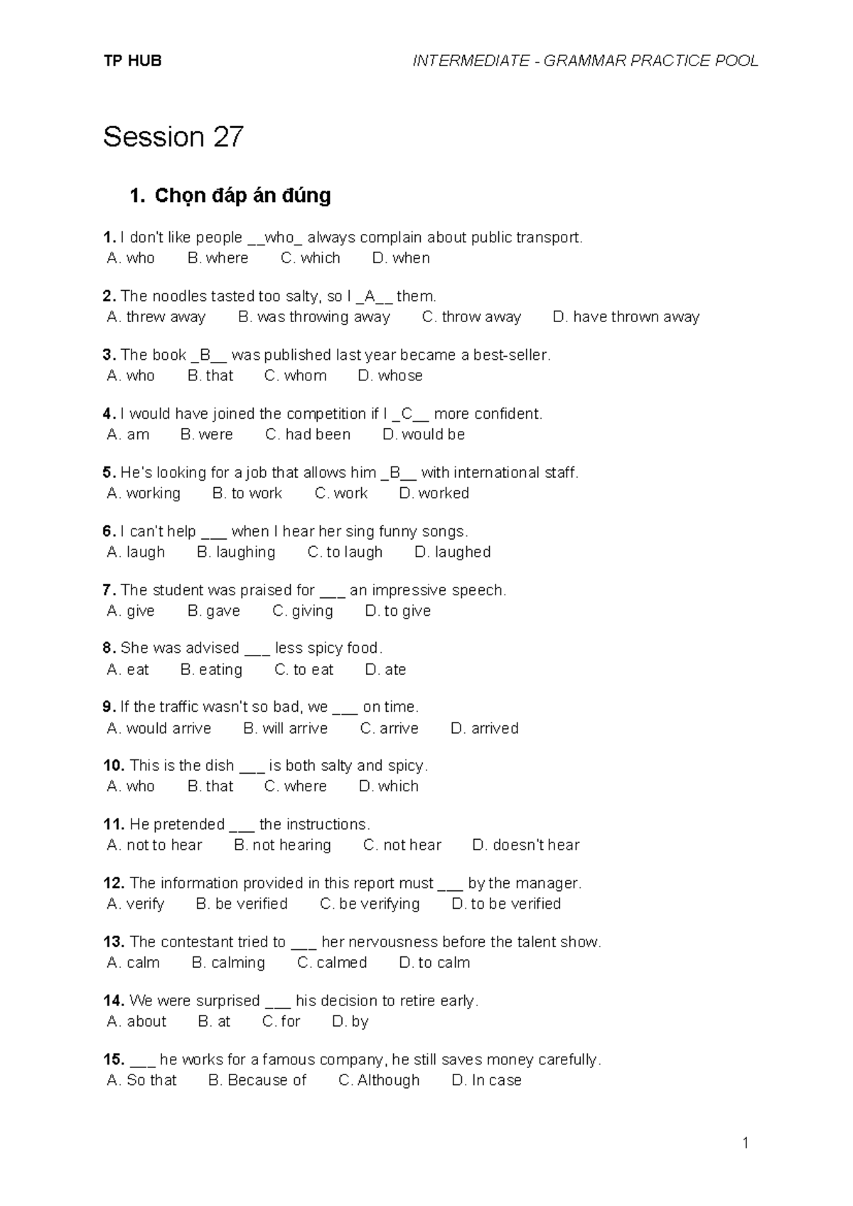 TP HUB INTERMEDIATE GRAMMAR PRACTICE POOL - Session 27 Review - Studocu