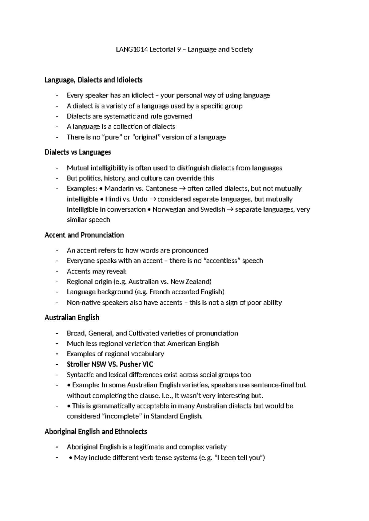 LANG1014 Lectorial 9 - Language, Dialects, and Idiolects Notes - Studocu