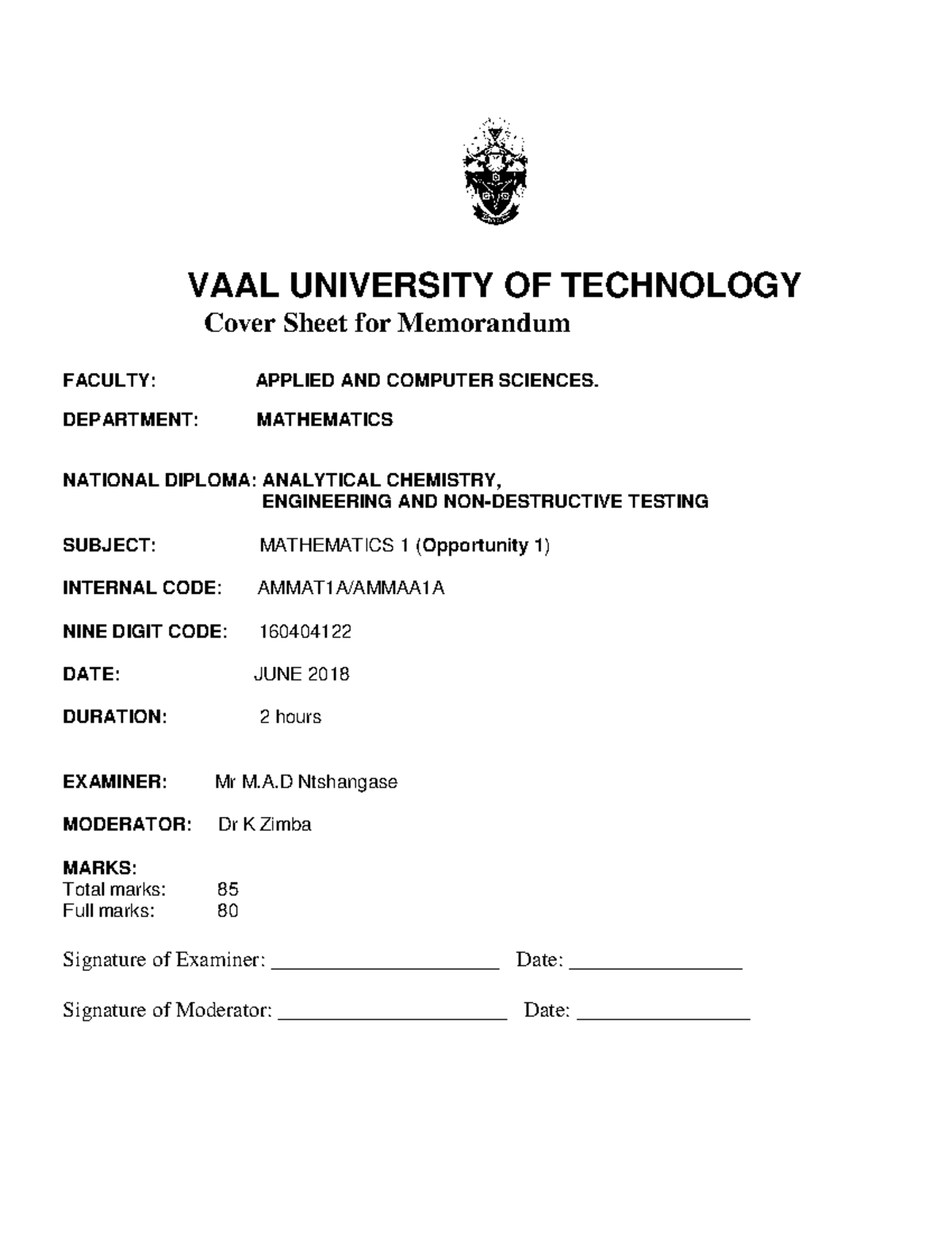 Mathematics 1 (OPP 1) June 2018 Exam Memorandum - Studocu