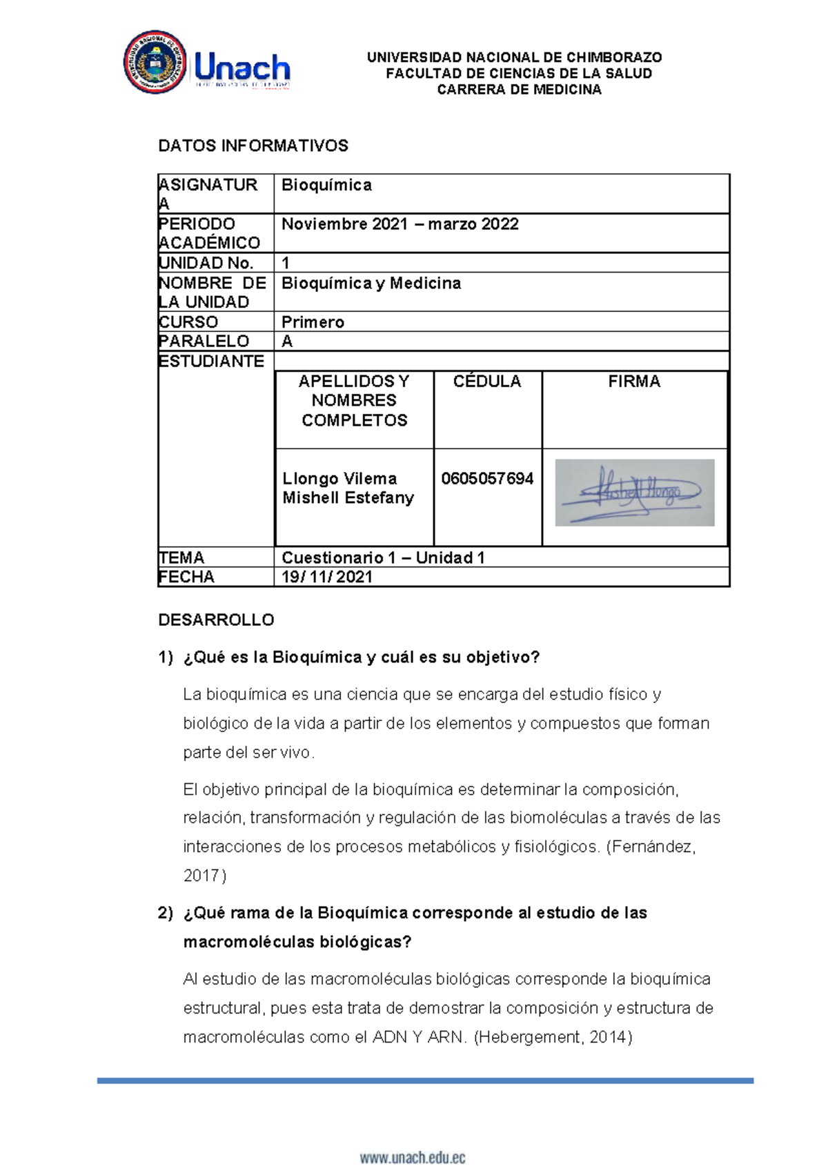C1U1 - Cuestionario sobre Bioquímica y su Relación con Medicina - Studocu