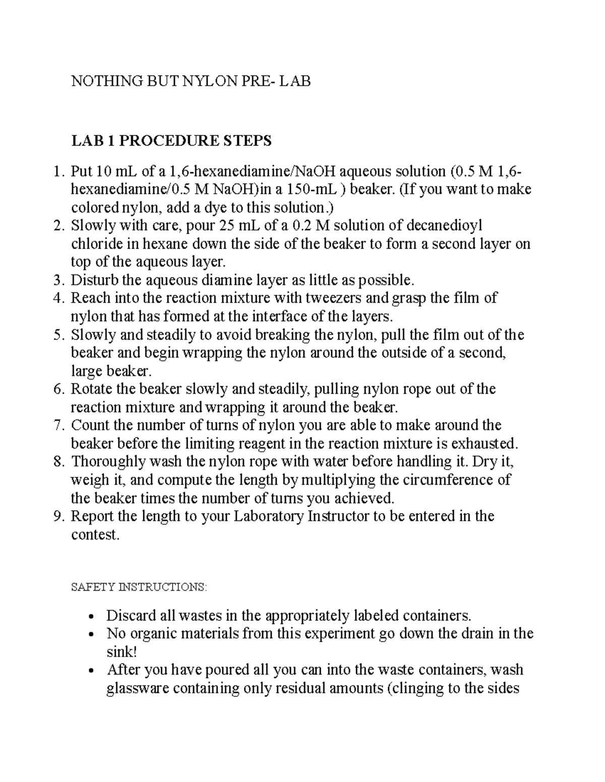 OCHM101: Nothing but Nylon - Pre-Lab Instructions & Procedure - Studocu