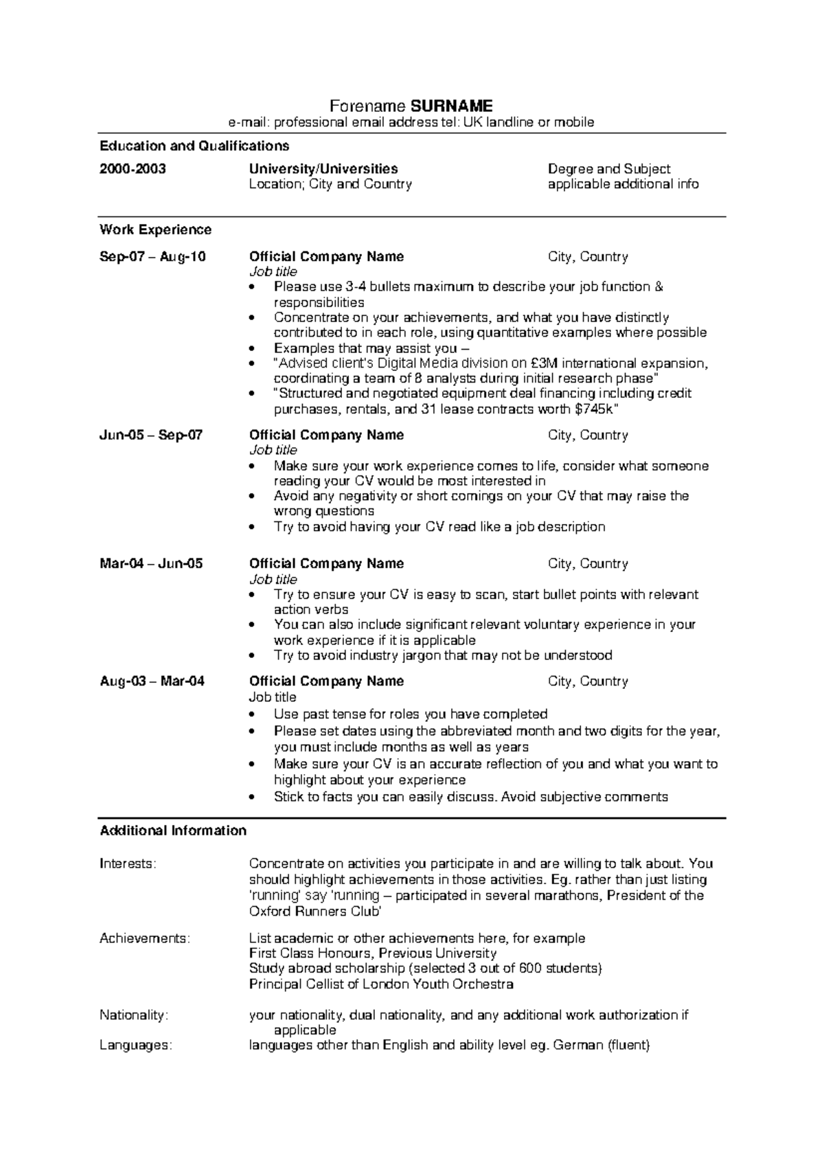 Cv-template - gud - Forename SURNAME e-mail: professional email address ...