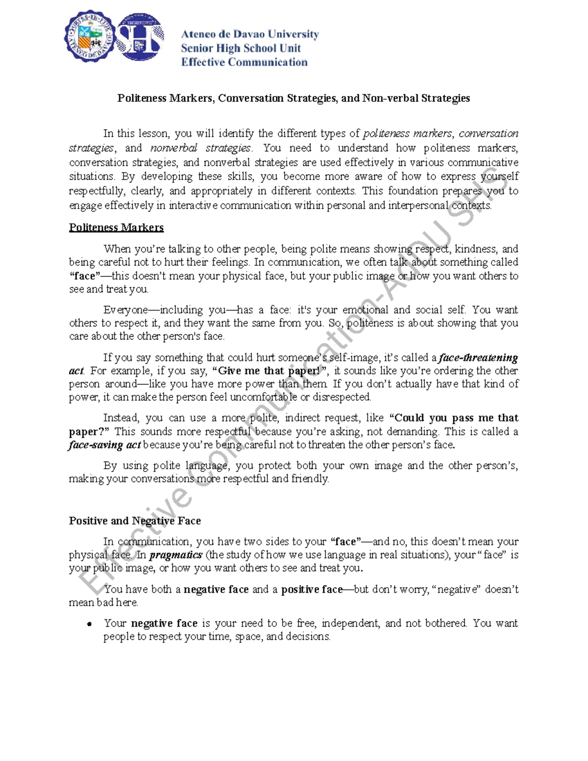Effective Communication Strategies and Politeness in Interaction - AdDU ...