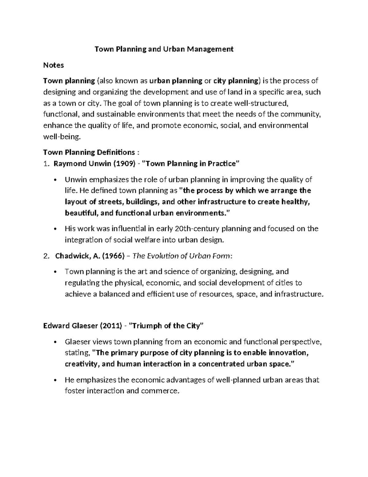 Urban Planning and Management Study Notes for Town Development - Studocu