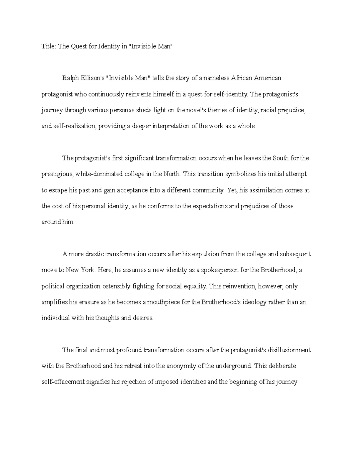 AP Lit Essay Example: Identity Quest in "Invisible Man" - Studocu