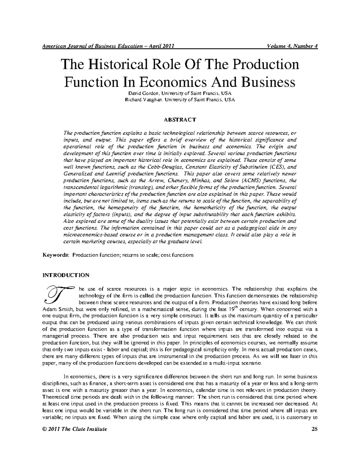 The Historical Role of the Production Function in Economics (BUS 101 ...