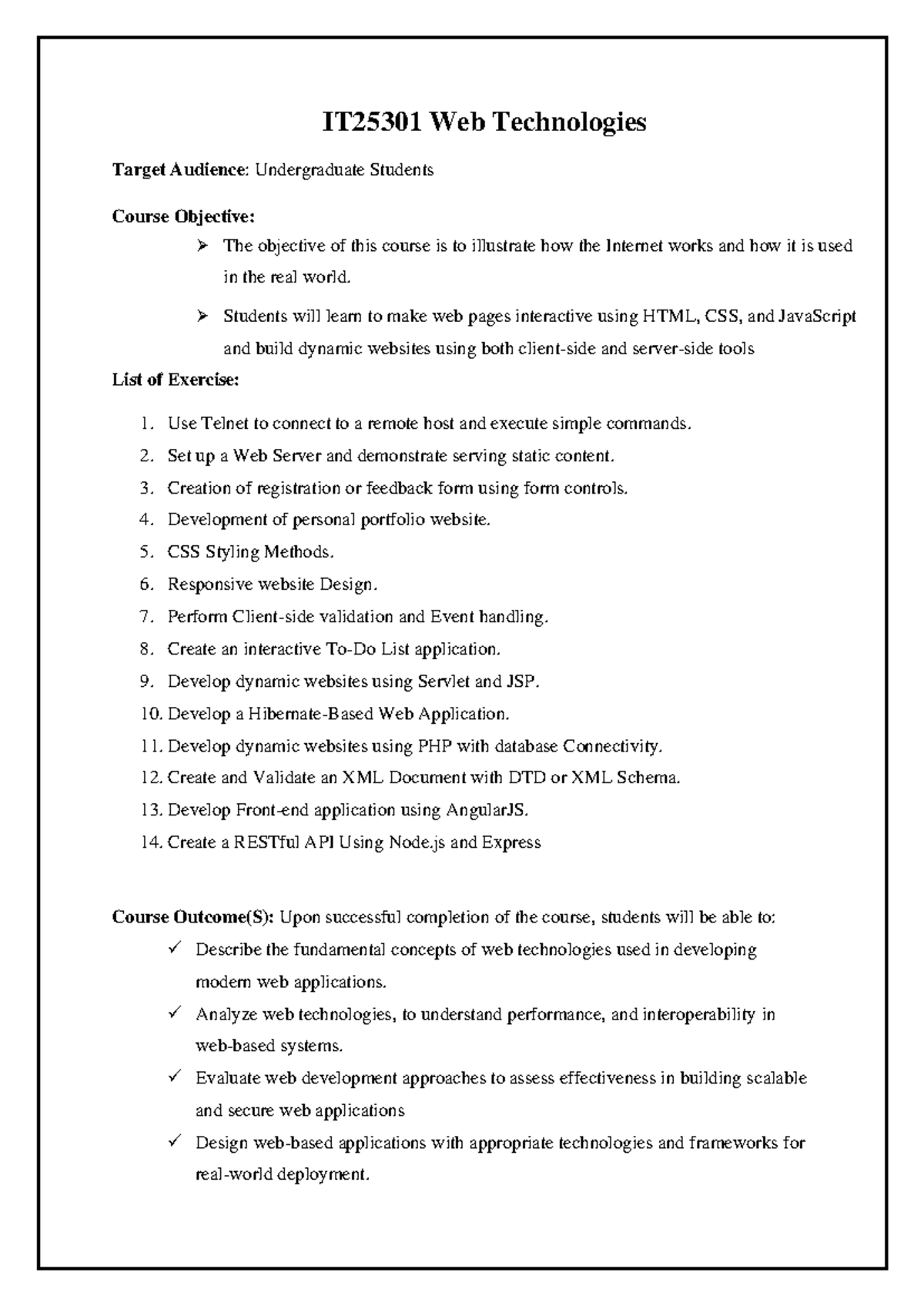 IT25301 Web Technologies: Practical Exercises and Outcomes - Document Preview
