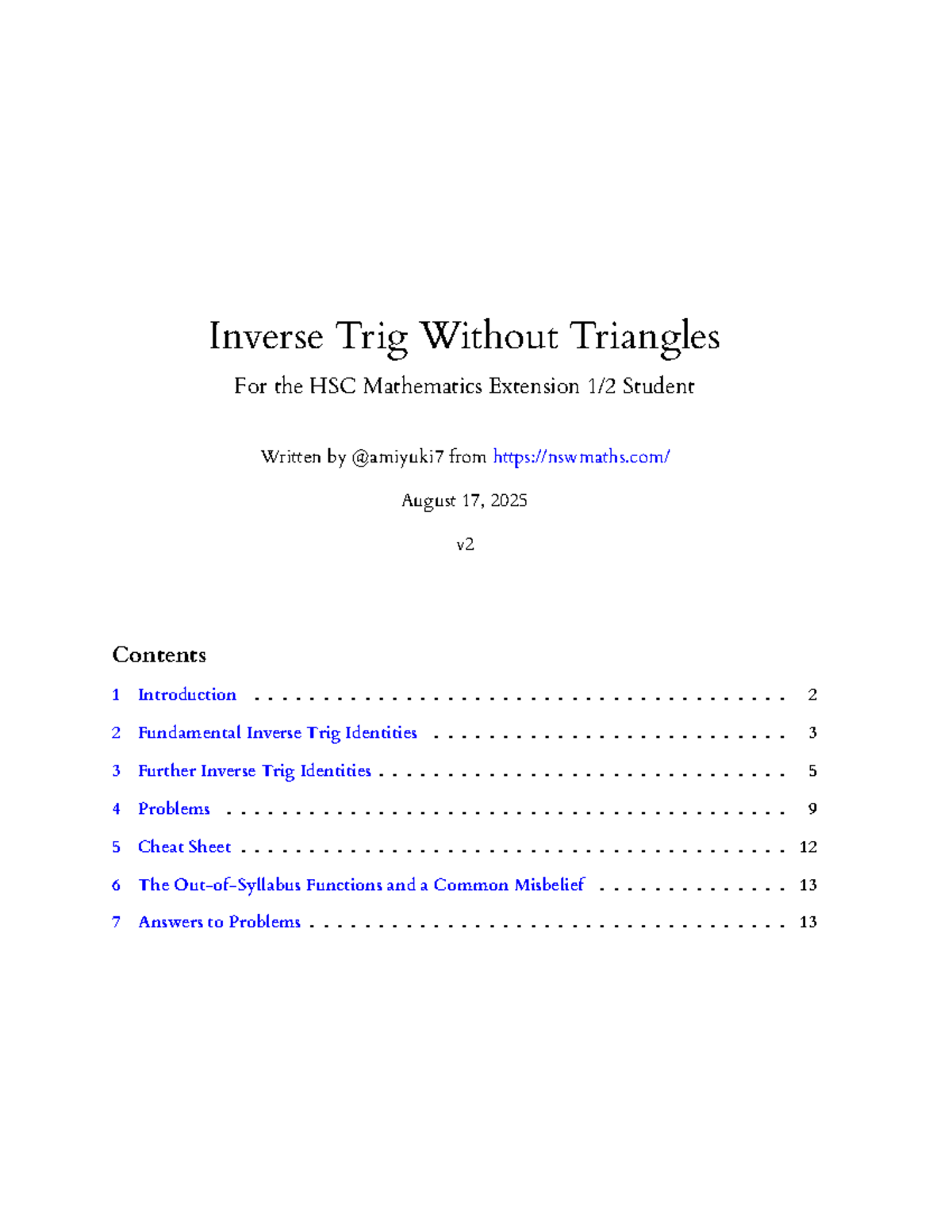 HSC Mathematics Extension 1: Inverse Trig Without Triangles Notes - Studocu