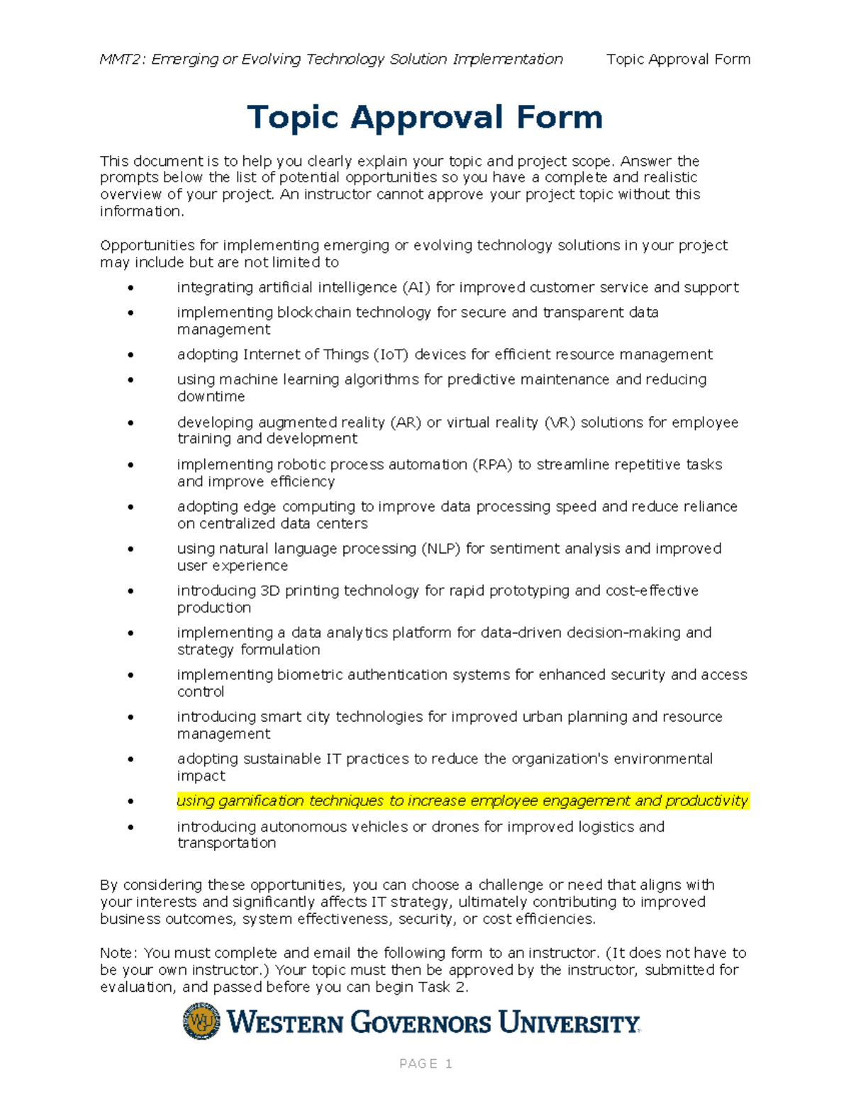 MMT2: Topic Approval Form for Gamification in Tech Implementation - Studocu