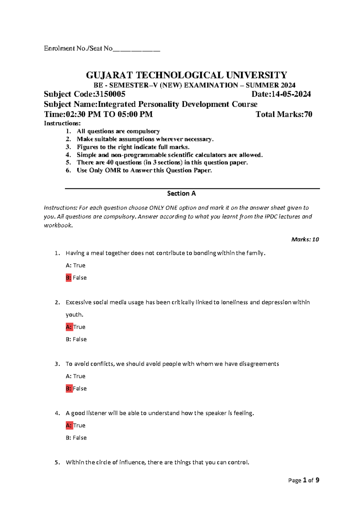 3150005 Summer 2024 - Integrated Personality Development Course Paper ...