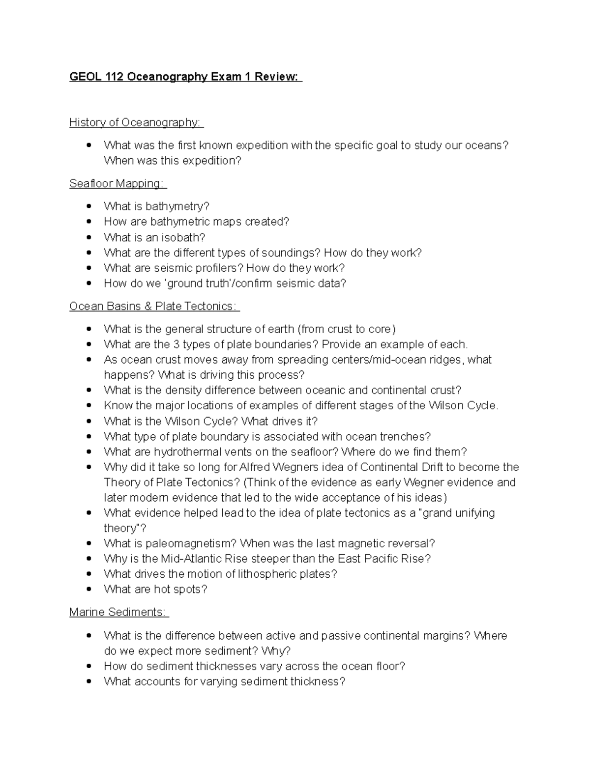 GEOL 112 Oceanography Exam 1 Study Guide and Review Notes - Studocu