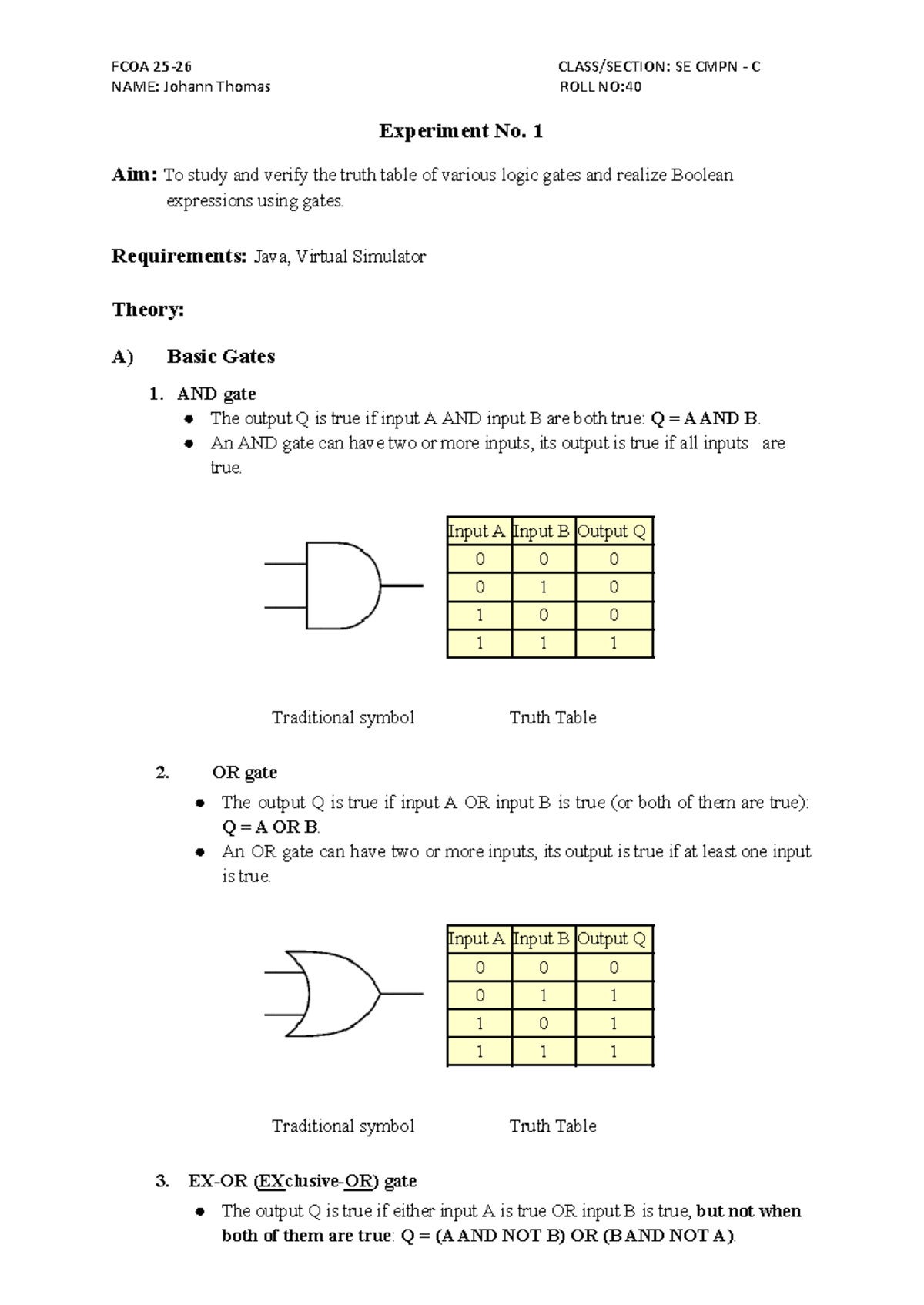 FCOA SE CMPN C: Experiment 1 - Logic Gates Truth Table Analysis - Studocu