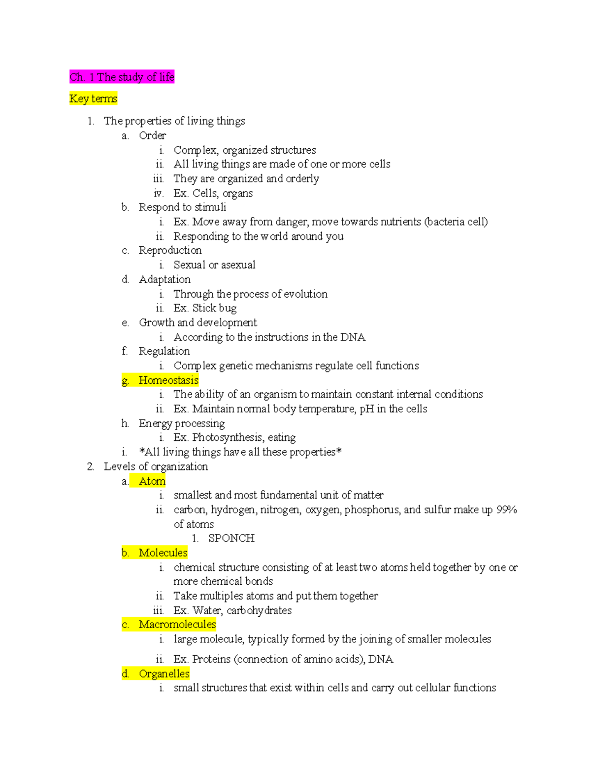 Exam 1 Lecture - Kemege Exam 1 notes - Ch. 1 The study of life Key ...