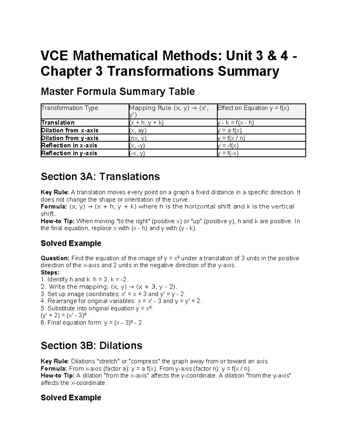 VCE Mathematical Methods: Unit 3 4 Chapter 3 Transformations Summary ...