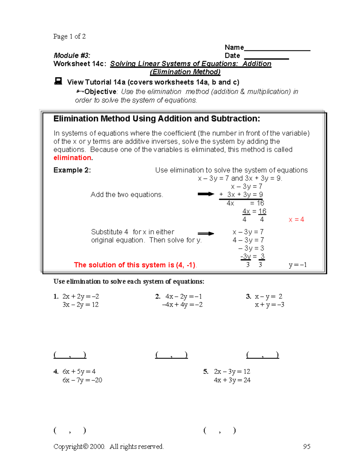 Worksheet 14c: Solving Linear Systems via Elimination Method - Studocu