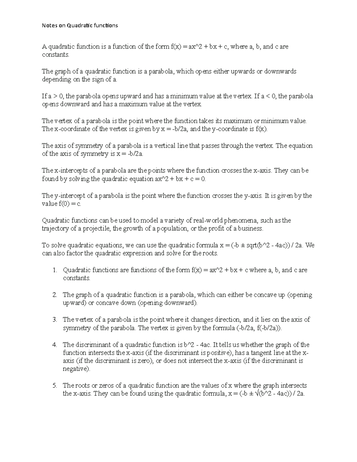 MTH101: Comprehensive Notes on Quadratic Functions & Their Applications ...