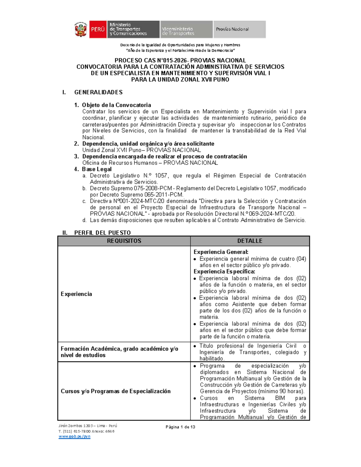 Bases CAS N°015-2026: Convocatoria para Especialista en Mantenimiento ...